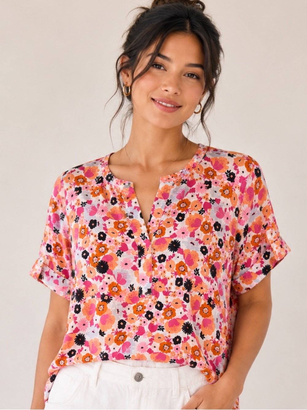 100% linen Charter‎ Club Pink Orange Floral Split V-Neck Blouse